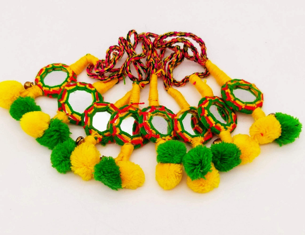 Yellow and Green Pompoms Tassels, Dangles with Mirror And Pom Poms, Keyring
