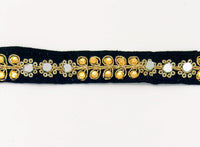 Thumbnail for Black Art Silk Trim With Kundan Stones, Beads And Mirrors Embellishments, Approx. 22mm