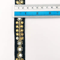 Thumbnail for Black Art Silk Trim With Kundan Stones, Beads And Mirrors Embellishments, Approx. 22mm