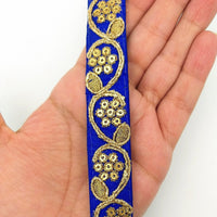 Thumbnail for Royal Blue Art Silk Trim with Gold Floral Embroidery and Gold Sequins Indian Sari Border Trim By 3 Yards Decorative Trim Craft Lace