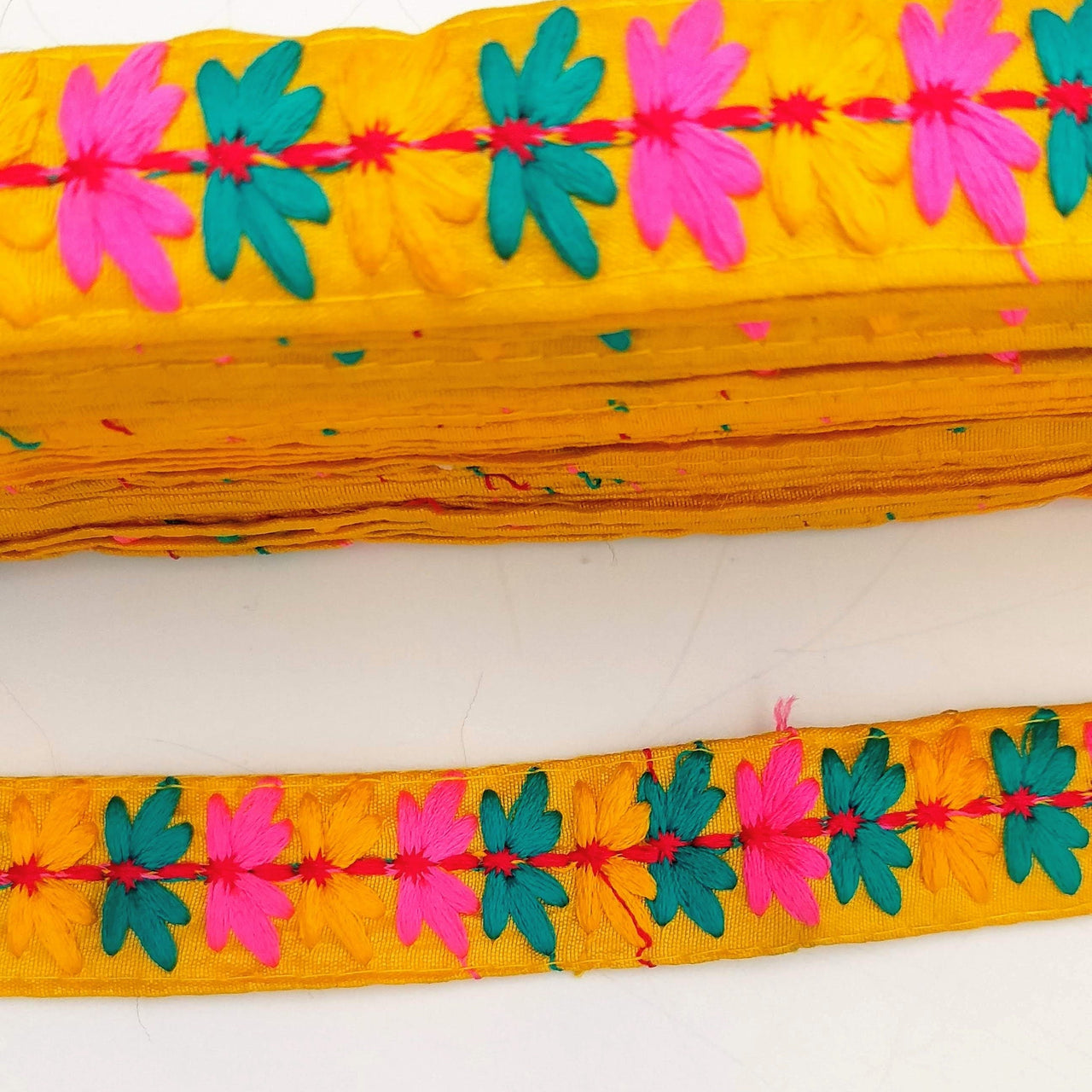 Yellow Cotton Fabric Trim with Floral Embroidery in Blue, Pink, Yellow and Red