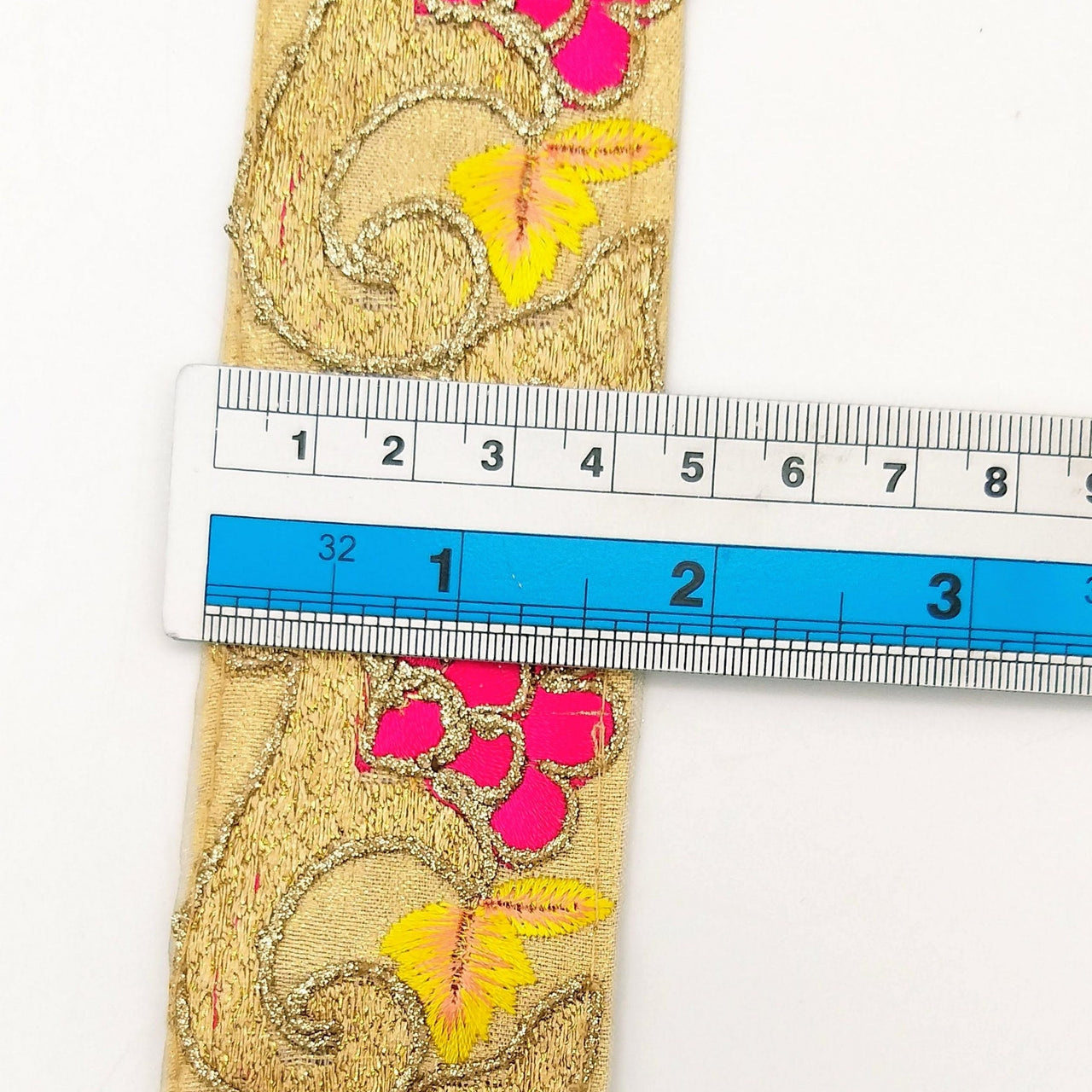 Beige Art Silk Fabric Trim with Floral Embroidery in Yellow, Gold and Fuchsia, Flower Embroidered Trim