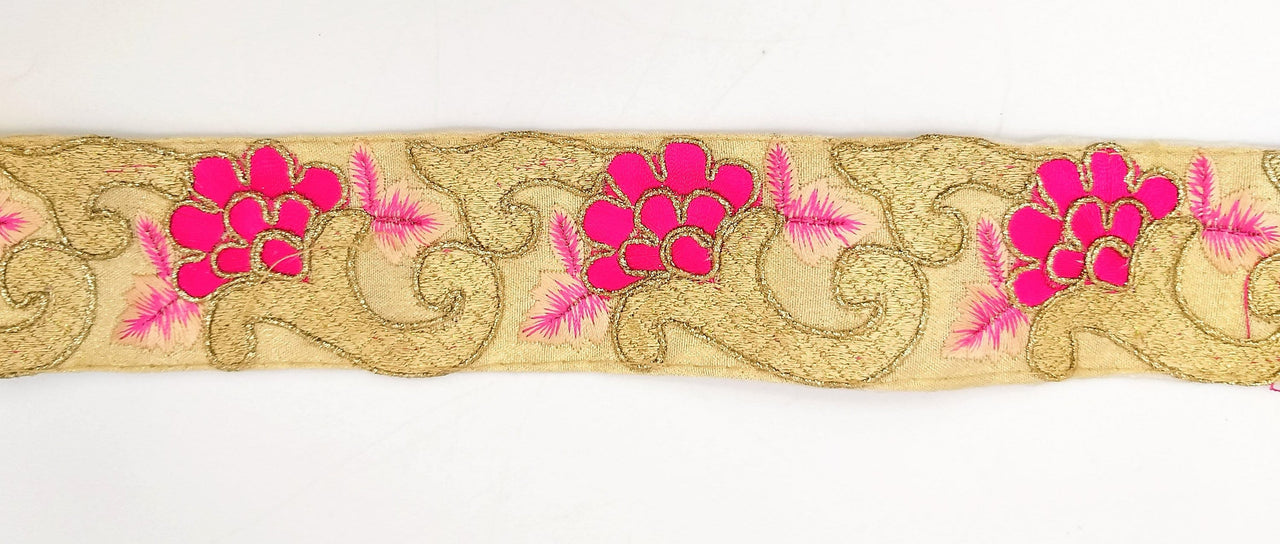 Beige Art Silk Fabric Trim with Floral Embroidery in Peach, Gold and Fuchsia, Flower Embroidered Trim