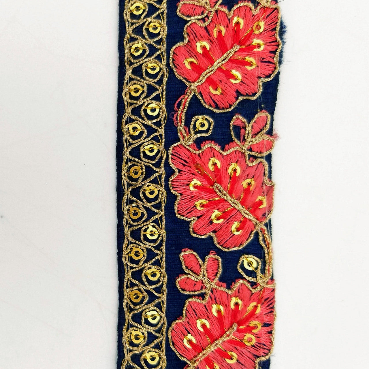 Navy Blue Trim with Floral Embroidery Salmon Pink Embroidered Leaves Trim, Decorative Trim, Indian Border