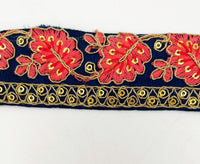 Thumbnail for Navy Blue Trim with Floral Embroidery Salmon Pink Embroidered Leaves Trim, Decorative Trim, Indian Border