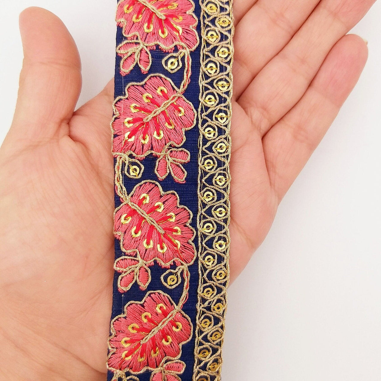 Navy Blue Trim with Floral Embroidery Salmon Pink Embroidered Leaves Trim, Decorative Trim, Indian Border