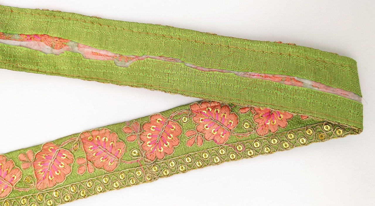 Green Trim with Floral Embroidery Peach Embroidered Leaves Trim, Decorative Trim, Indian Border