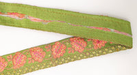 Thumbnail for Green Trim with Floral Embroidery Peach Embroidered Leaves Trim, Decorative Trim, Indian Border
