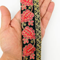 Thumbnail for Black Trim with Floral Embroidery Salmon Pink Embroidered Leaves Trim, Decorative Trim, Indian Border