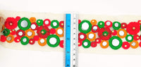Thumbnail for Gold Sheer Tissue Fabric Trim With Red And Green Circles and Floral Embroidery With Mirror Embellishments, Indian Mirrored Trim