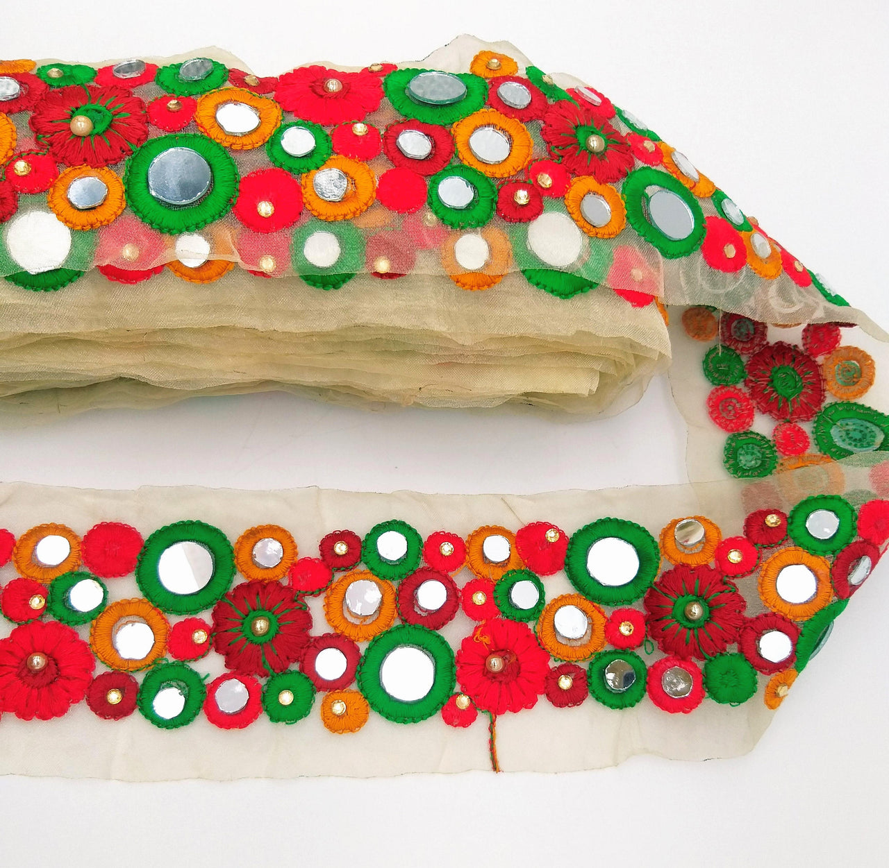 Gold Sheer Tissue Fabric Trim With Red And Green Circles and Floral Embroidery With Mirror Embellishments, Indian Mirrored Trim