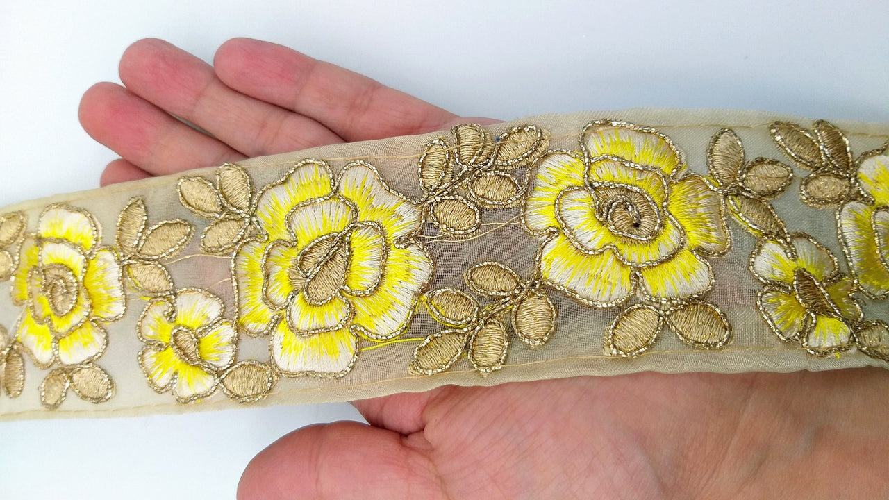 Yellow and Gold Floral Embroidery Trimming, Embroidered Roses Flowers Trim, Sheer Fabric Lace