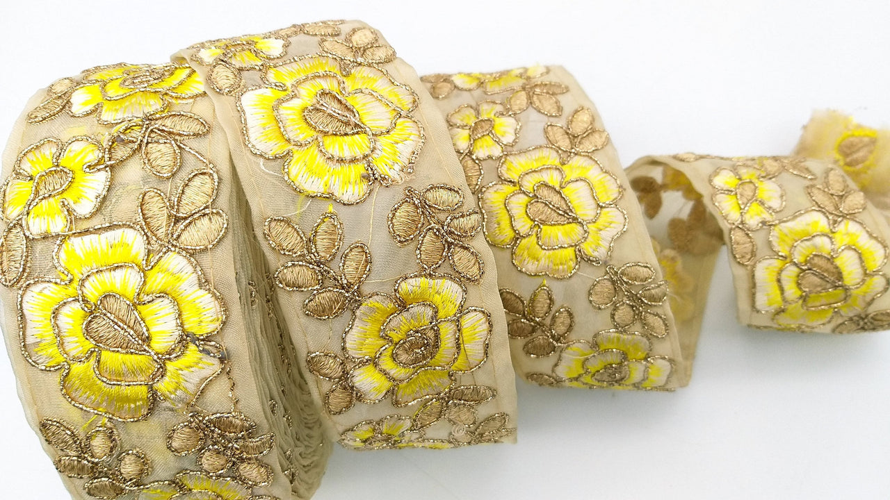 Yellow and Gold Floral Embroidery Trimming, Embroidered Roses Flowers Trim, Sheer Fabric Lace