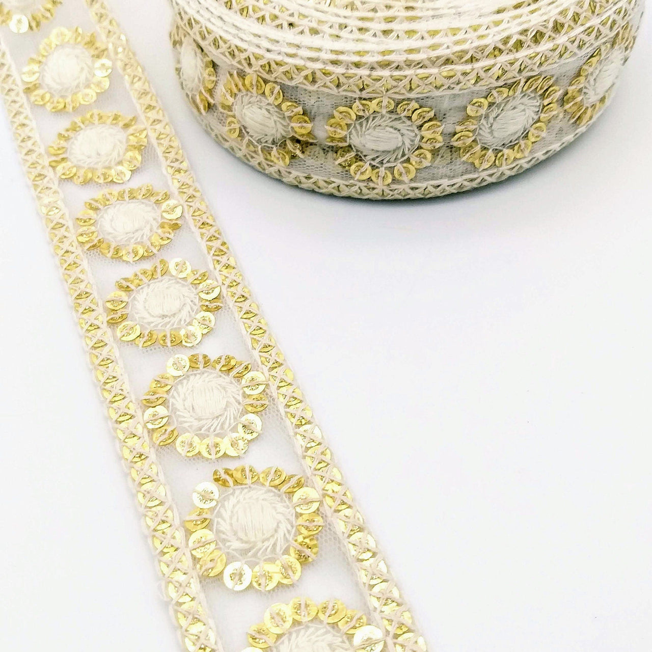 Nine Yards White Net Lace Trim Floral Embroidered With Gold Sequins, Sequinned Trim, Wedding Trim Bridal Trim