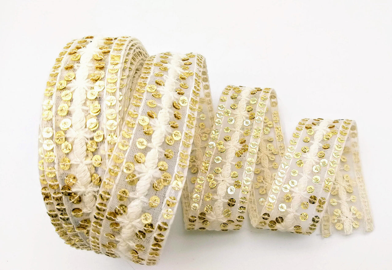 Nine Yards White Net Lace Trim Floral Embroidered With Gold Sequins, Sequinned Trim, Wedding Trim Bridal Trim