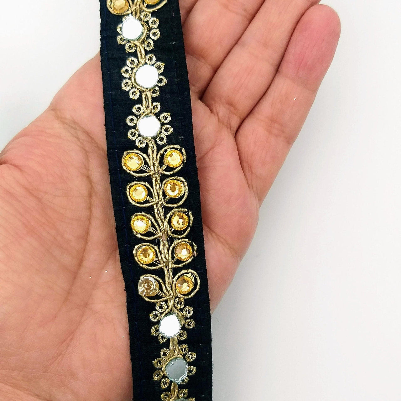 Black Art Silk Trim With Kundan Stones, Beads And Mirrors Embellishments, Approx. 22mm