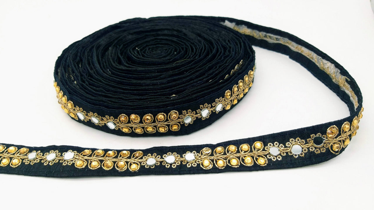 Black Art Silk Trim With Kundan Stones, Beads And Mirrors Embellishments, Approx. 22mm