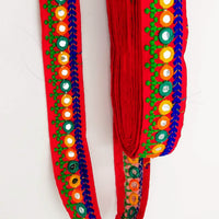 Thumbnail for Red Indian Mirror Trim Kutch Embroidered Navratri Garba Dress Trim Bridal Lace, Sari Border 35 mm Wide Trim Per 3 Yards