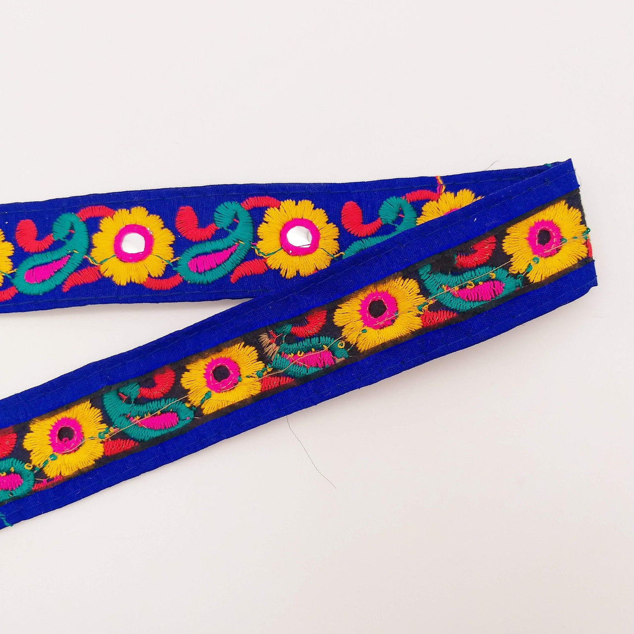 Royal Blue Floral Mirrored Trim With Yellow Flowers And Green Paisley Embroidery, Decorative Trimming, Trim By 3 Yards