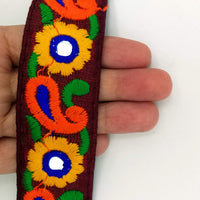 Thumbnail for Deep Red Floral Mirrored Trim With Yellow Flowers And Orange Paisley Embroidery, Decorative Trimming, Trim By 3 Yards
