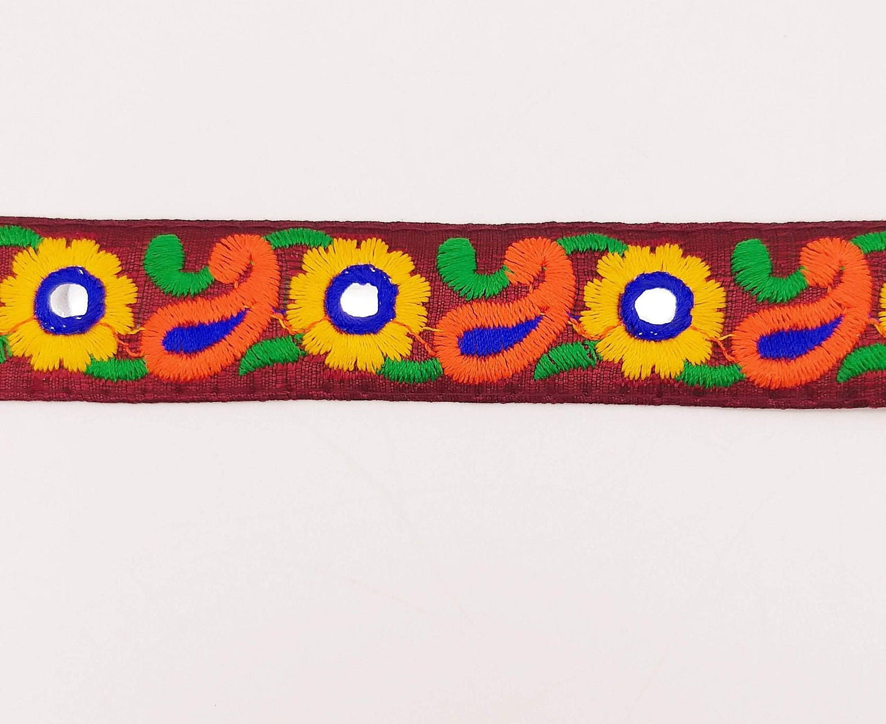 Deep Red Floral Mirrored Trim With Yellow Flowers And Orange Paisley Embroidery, Decorative Trimming, Trim By 3 Yards