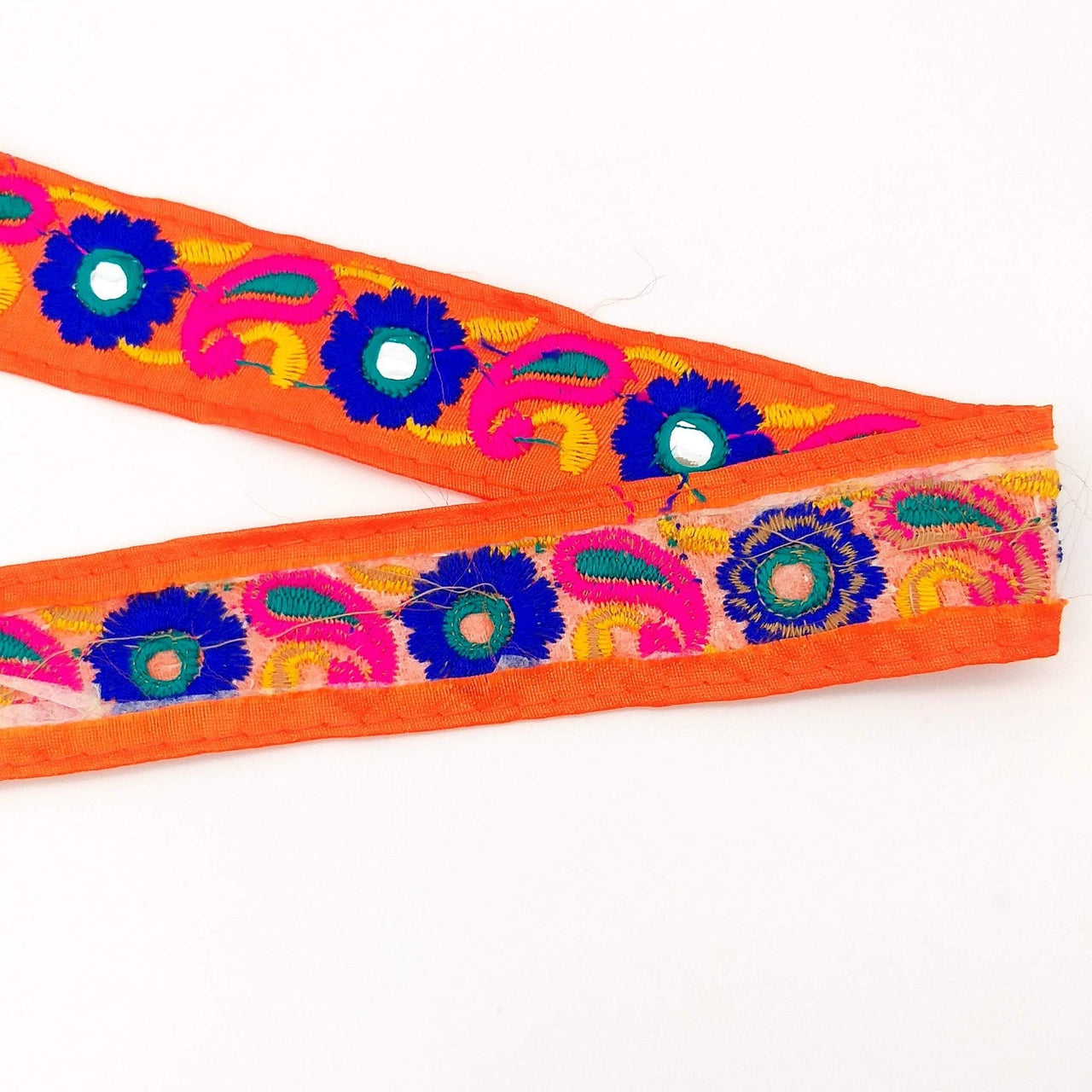 Orange Floral Mirrored Trim With Royal Blue Flowers And Fuchsia Pink Paisley Embroidery, Decorative Trimming, Trim By 3 Yards