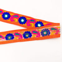 Thumbnail for Orange Floral Mirrored Trim With Royal Blue Flowers And Fuchsia Pink Paisley Embroidery, Decorative Trimming, Trim By 3 Yards