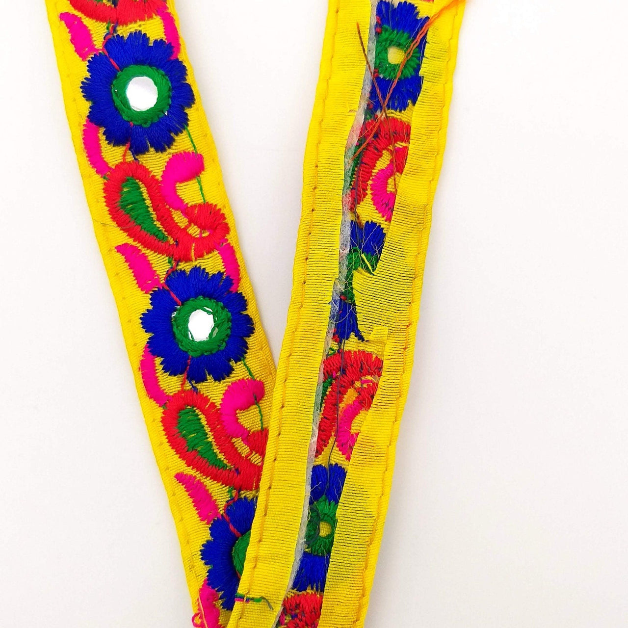 Yellow Floral Mirrored Trim With Royal Blue Flowers And Red Paisley Embroidery, Decorative Trimming, Trim By 3 Yards