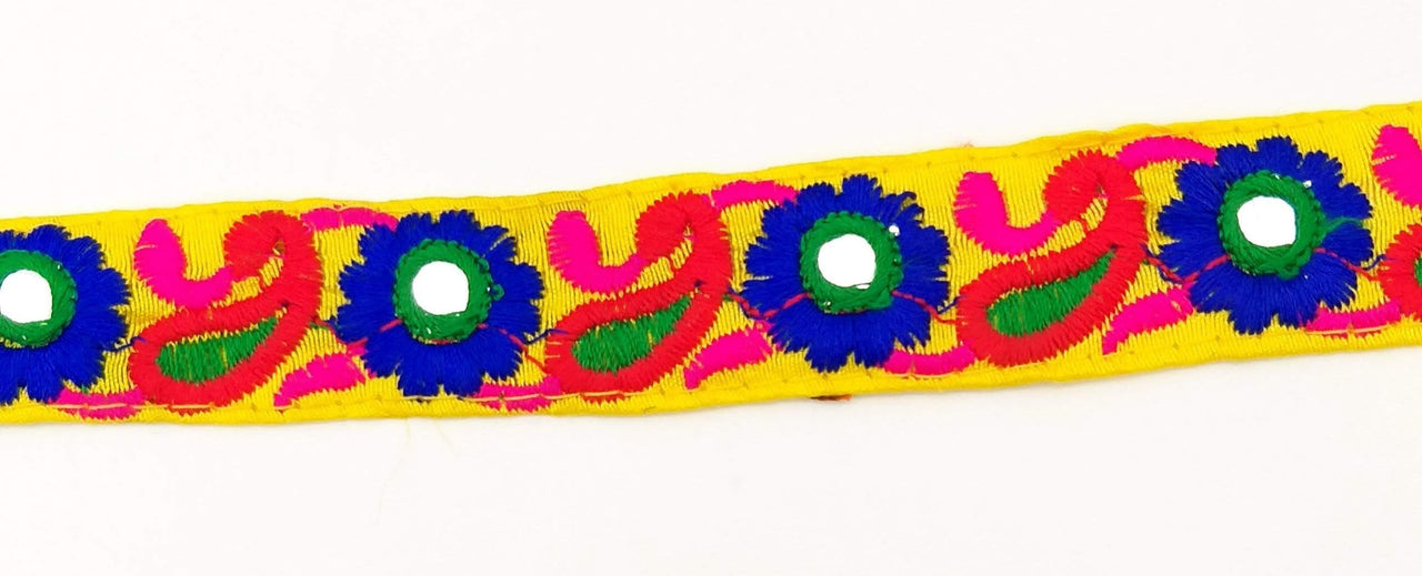 Yellow Floral Mirrored Trim With Royal Blue Flowers And Red Paisley Embroidery, Decorative Trimming, Trim By 3 Yards