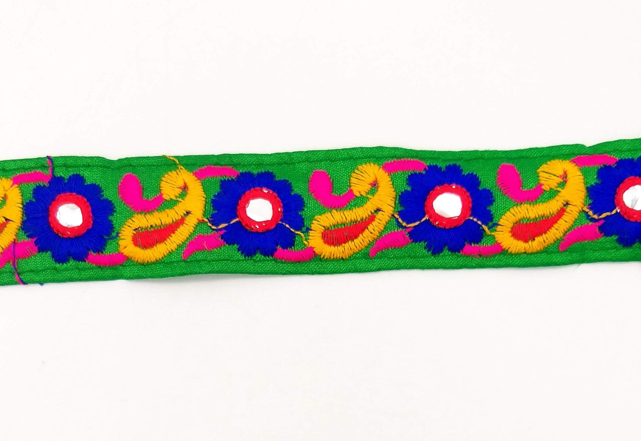 Green Floral Mirrored Trim With Royal Blue Flowers And Yellow Paisley Embroidery, Decorative Trimming, Trim By 3 Yards