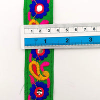 Thumbnail for Green Floral Mirrored Trim With Royal Blue Flowers And Yellow Paisley Embroidery, Decorative Trimming, Trim By 3 Yards