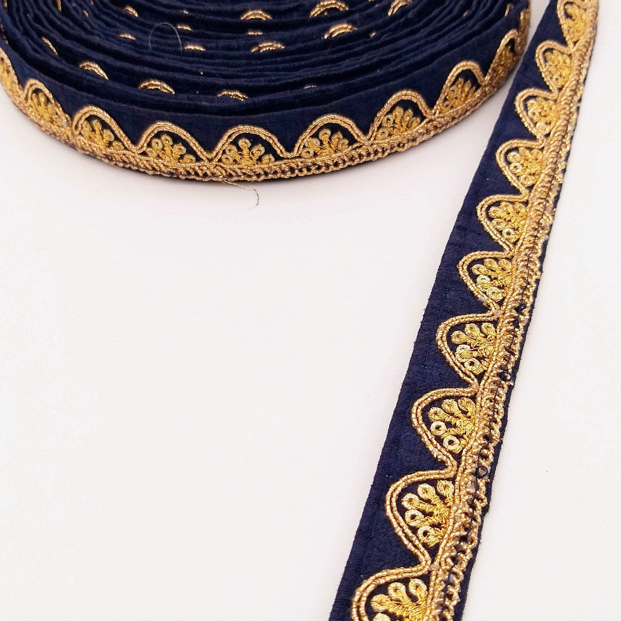 Navy Blue Art Silk Trim with Gold Embroidery and Sequins Indian Sari Border Trim By 3 Yards Decorative Trim Craft Lace