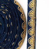 Thumbnail for Navy Blue Art Silk Trim with Gold Embroidery and Sequins Indian Sari Border Trim By 3 Yards Decorative Trim Craft Lace