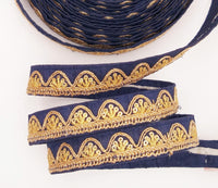 Thumbnail for Navy Blue Art Silk Trim with Gold Embroidery and Sequins Indian Sari Border Trim By 3 Yards Decorative Trim Craft Lace