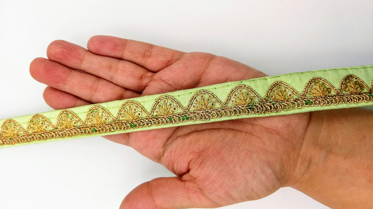 Pastel Green Art Silk Trim with Gold Embroidery and Sequins Indian Sari Border Trim By 3 Yards Decorative Trim Craft Lace