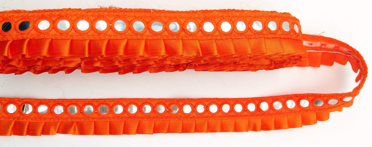 Orange Satin Pleated Lace Trim, Mirrored Fringe Trimming, Approx. 30mm wide
