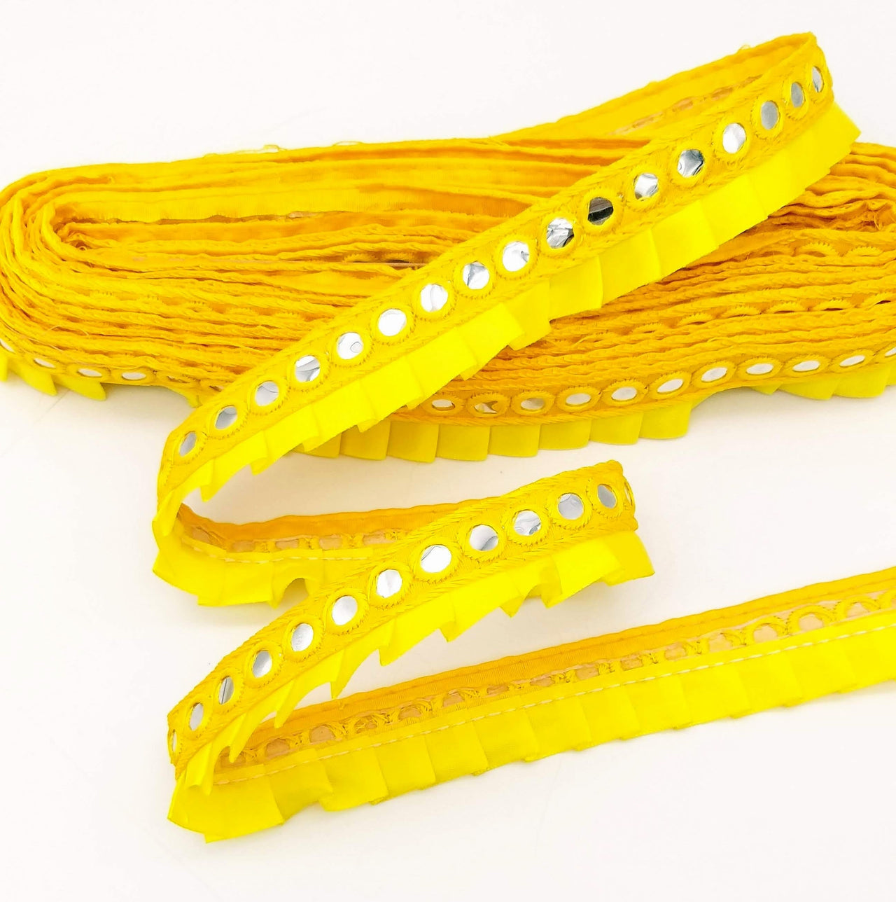 Yellow Satin Pleated Lace Trim, Mirrored Fringe Trimming, Approx. 30mm wide