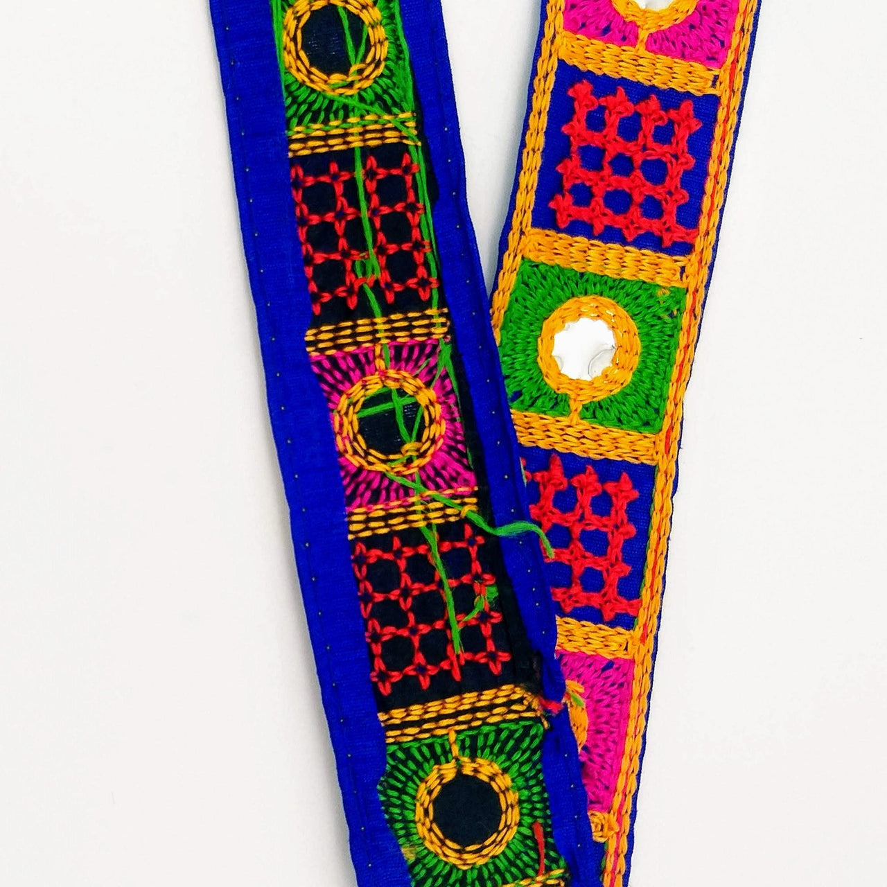 Indian Royal Blue Cotton Fabric Mirror Trim Embroidered in Red, Yellow, Green and Pink