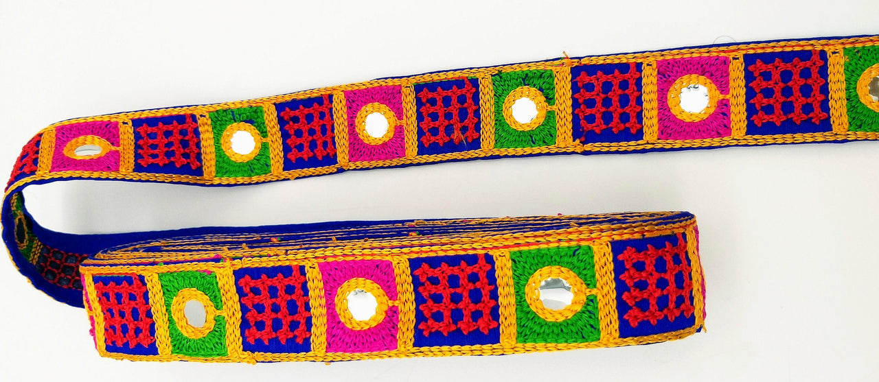 Indian Royal Blue Cotton Fabric Mirror Trim Embroidered in Red, Yellow, Green and Pink