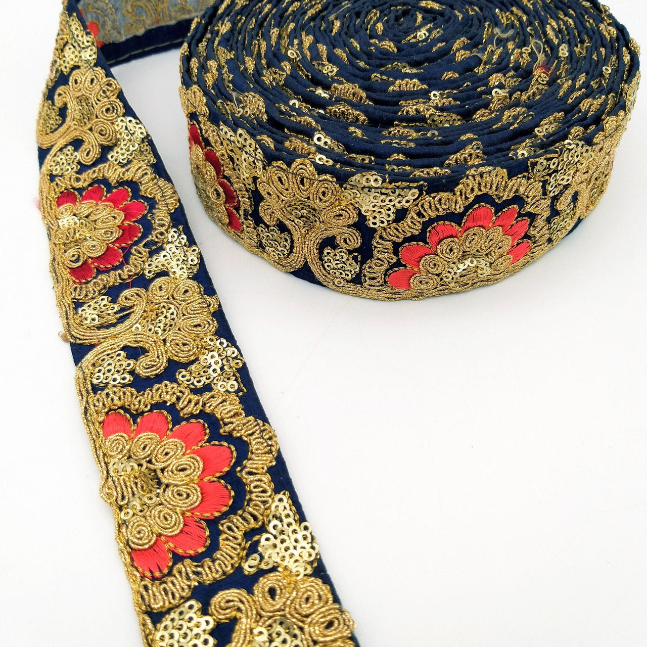 Navy Blue Art Silk Trim With Intricate Floral Embroidery With Sequins, Lace Trim, Indian Lace Trim