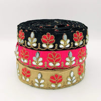 Thumbnail for Black Silk Trim With Mirrors Embellishments and Gold Embroidery, Approx. 38mm Wide, Decorative Trim Costume Trim Floral Trim By Yard