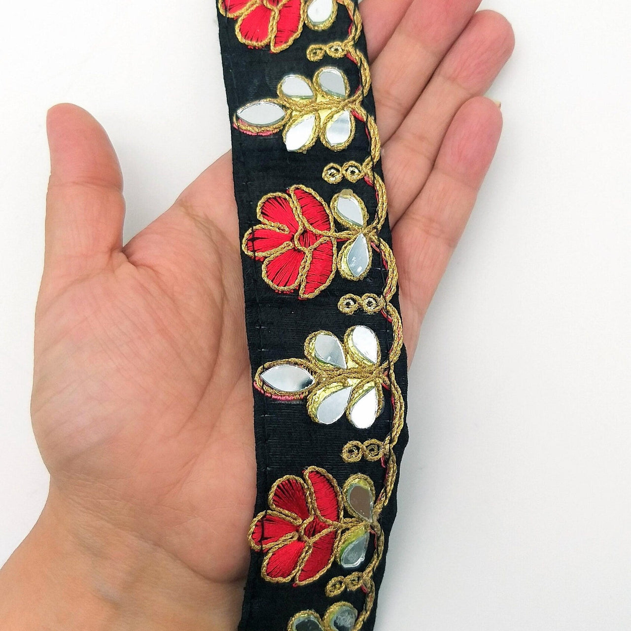 Black Silk Trim With Mirrors Embellishments and Gold Embroidery, Approx. 38mm Wide, Decorative Trim Costume Trim Floral Trim By Yard