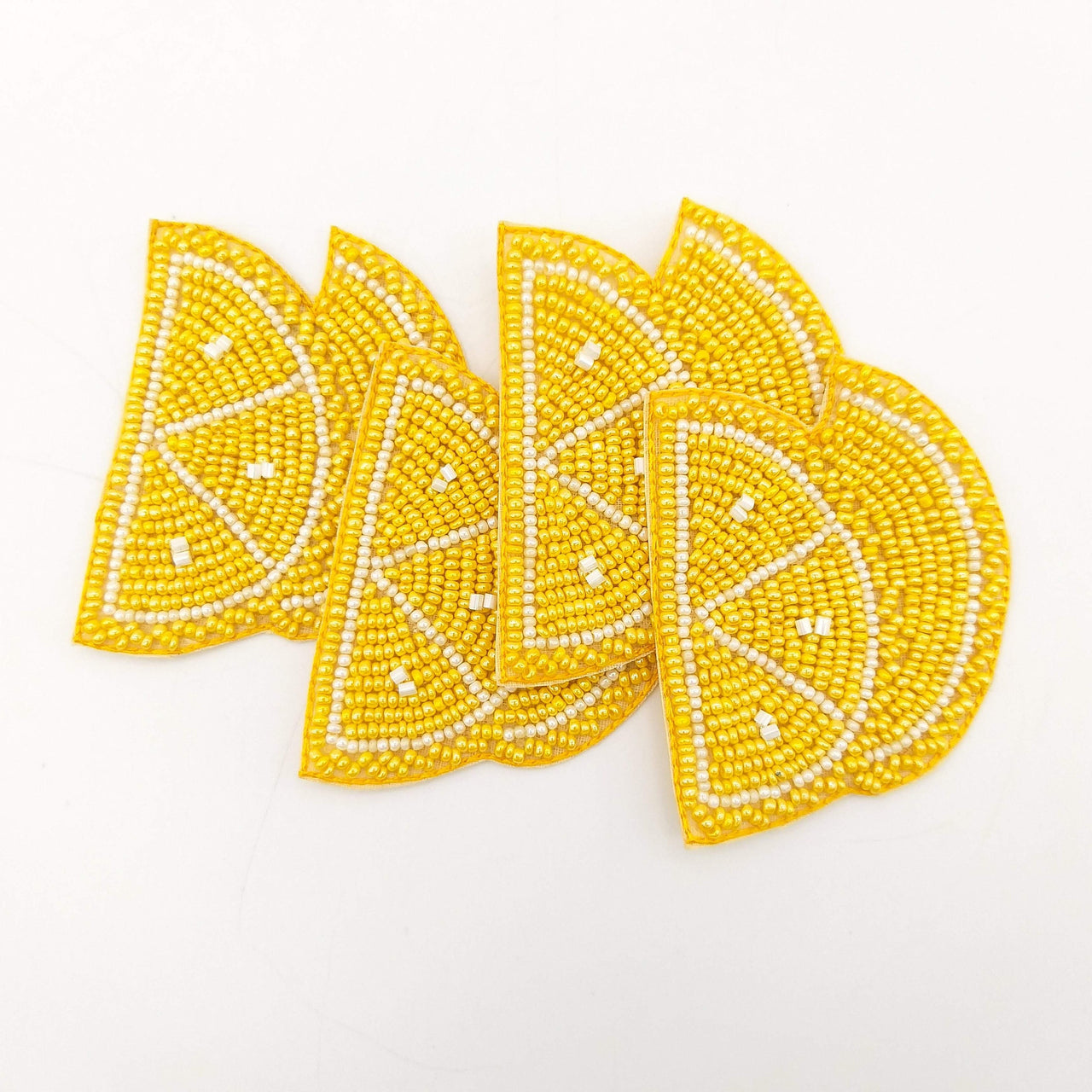 Sliced Lemon Beaded Applique, Hand Embroidered In Yellow Beads, Beaded Motif