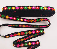 Thumbnail for Wholesale Black Cotton Fabric Mirrored Trim With Embroidery In Yellow, Fuchsia Pink, Red & Green Threads