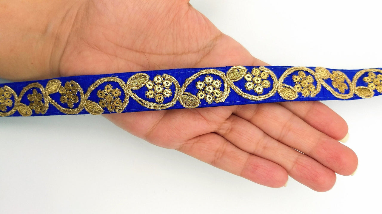 Royal Blue Art Silk Trim with Gold Floral Embroidery and Gold Sequins Indian Sari Border Trim By 3 Yards Decorative Trim Craft Lace