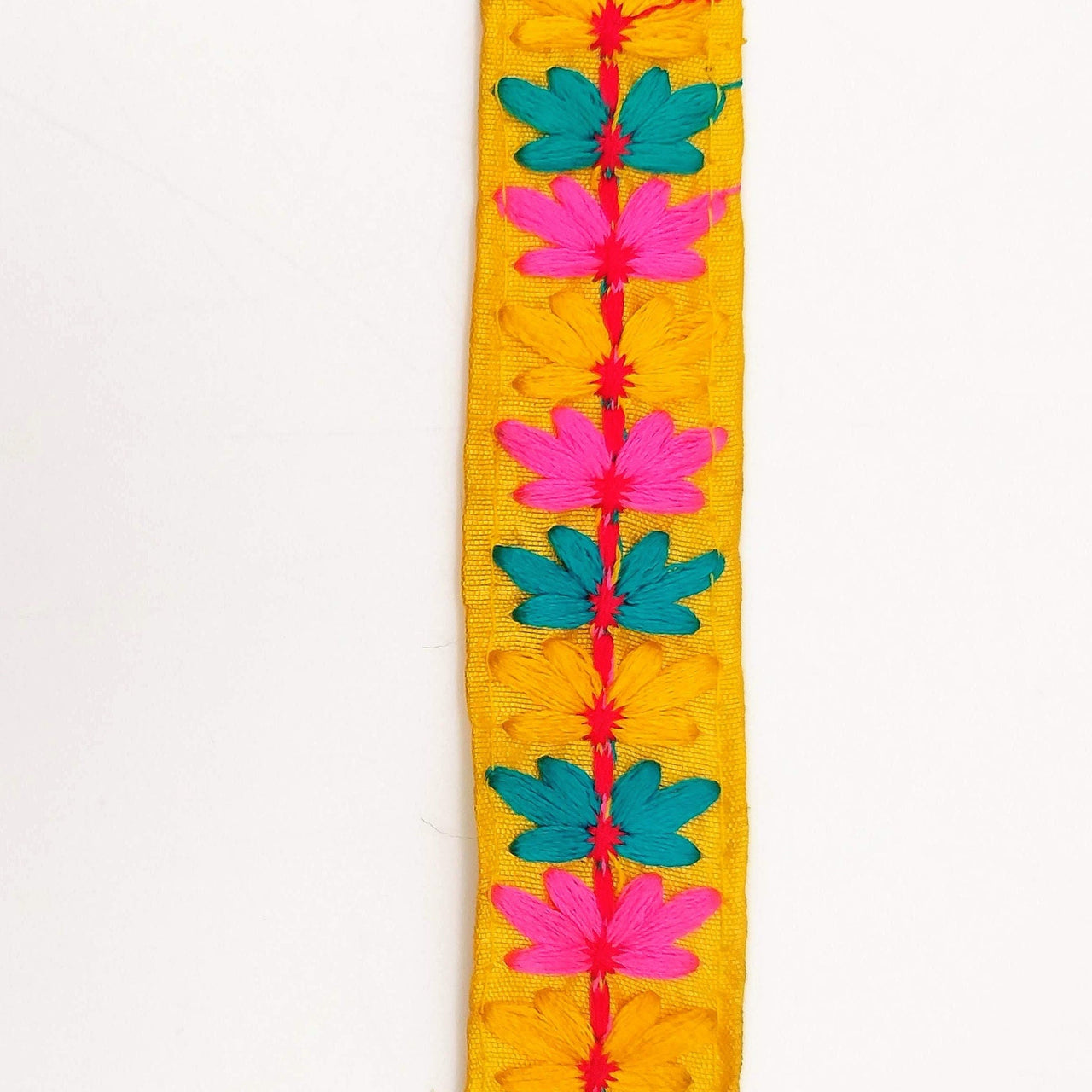 Yellow Cotton Fabric Trim with Floral Embroidery in Blue, Pink, Yellow and Red