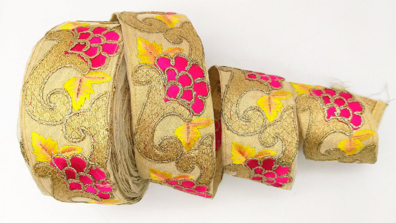 Beige Art Silk Fabric Trim with Floral Embroidery in Yellow, Gold and Fuchsia, Flower Embroidered Trim