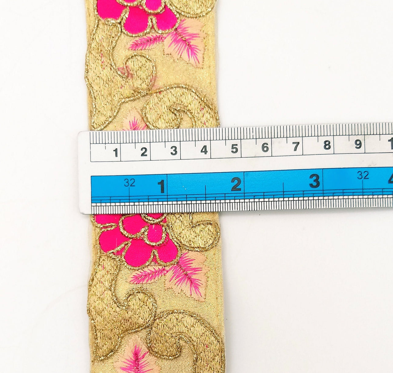 Beige Art Silk Fabric Trim with Floral Embroidery in Peach, Gold and Fuchsia, Flower Embroidered Trim