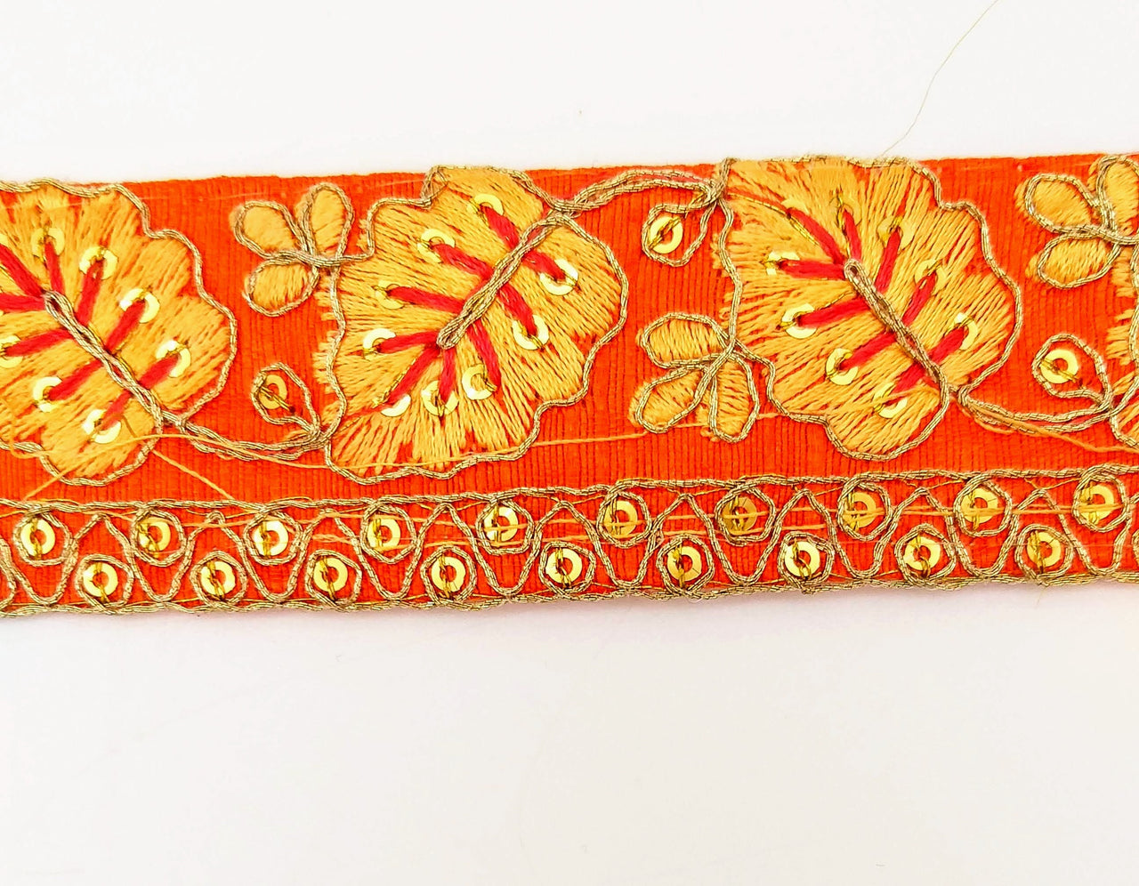 Orange Trim with Floral Embroidery Beige Embroidered Leaves Trim, Decorative Trim, Indian Border