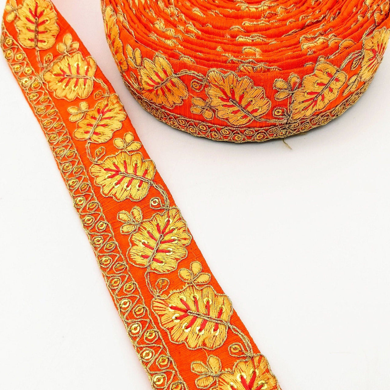 Orange Trim with Floral Embroidery Beige Embroidered Leaves Trim, Decorative Trim, Indian Border
